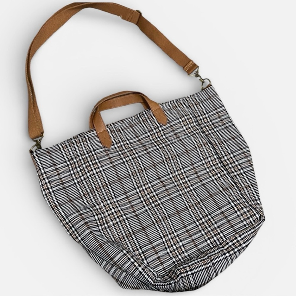Thirty One Plaid Tote Shoulder Bag Black Tan Academia Preppy Classic Purse